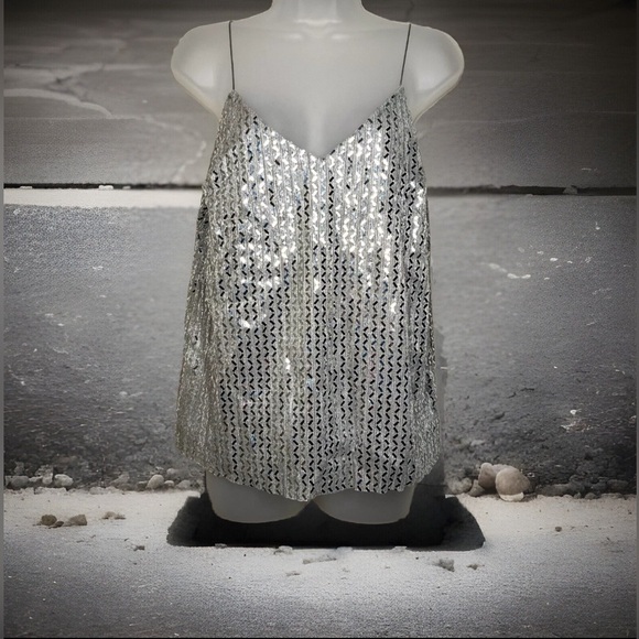 Lost + Wander Silver Cevron Tank Top Size S Metallic Cocktail 90s Disco Party - Picture 6 of 11